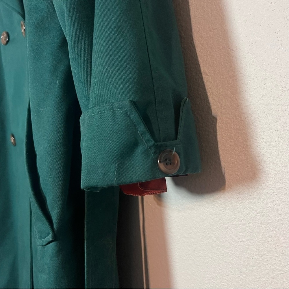 Vintage Double Breasted Trench Coat Womens Teal Green Size 12 Lined Long Belted - Picture 10 of 15